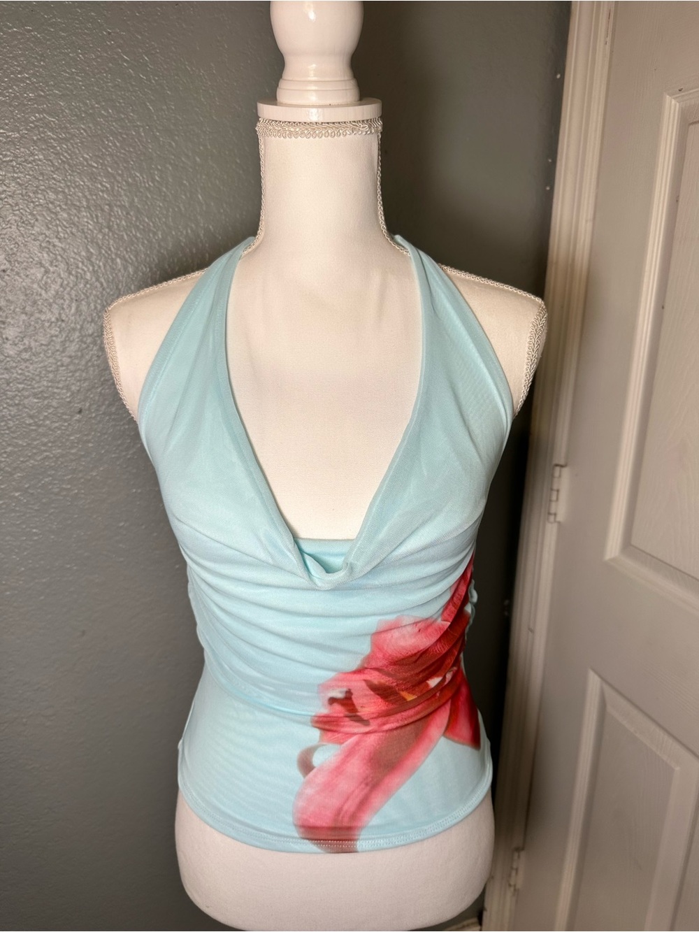 Glassons Light Blue Cowl Halter Top with Pink Accent